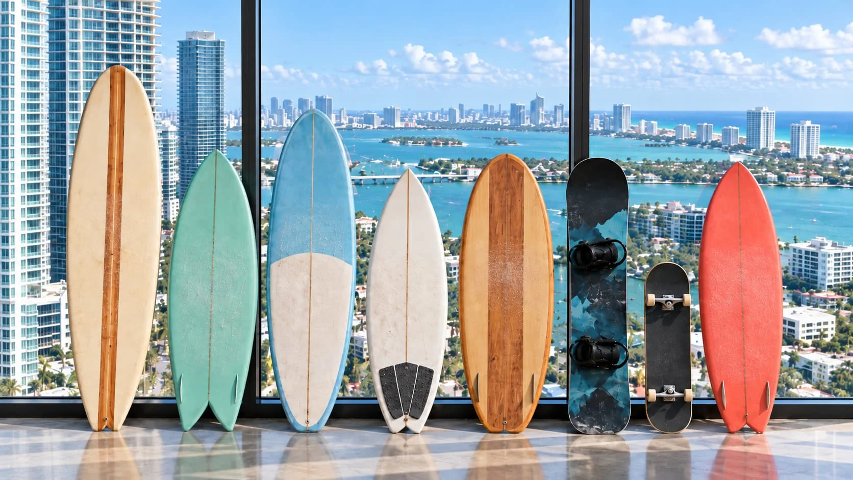 Grandes tablas de surf frente a un ventanal con vista costera, como metáfora visual de soluciones y agentes de IA hechos a medida.